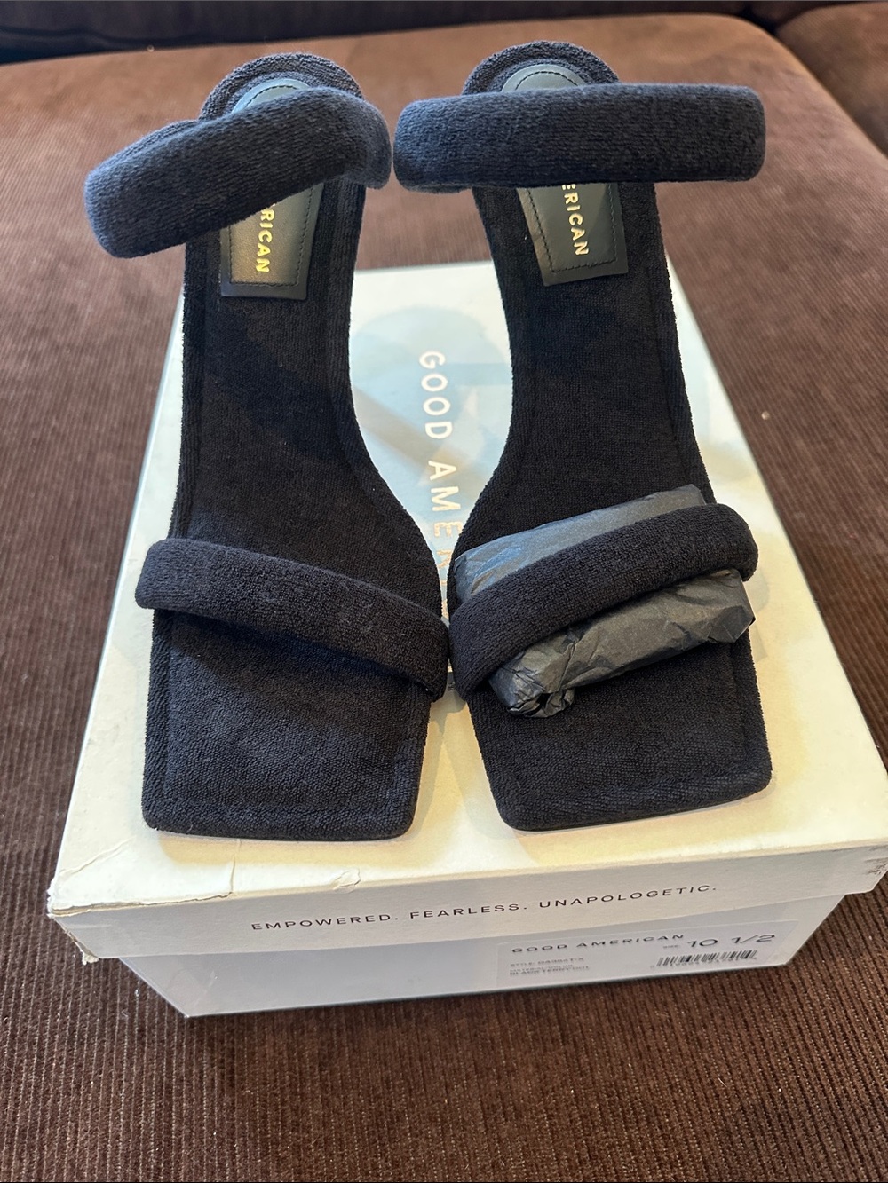 Good American Black Suede Square-Toe Double Strap Block Heels